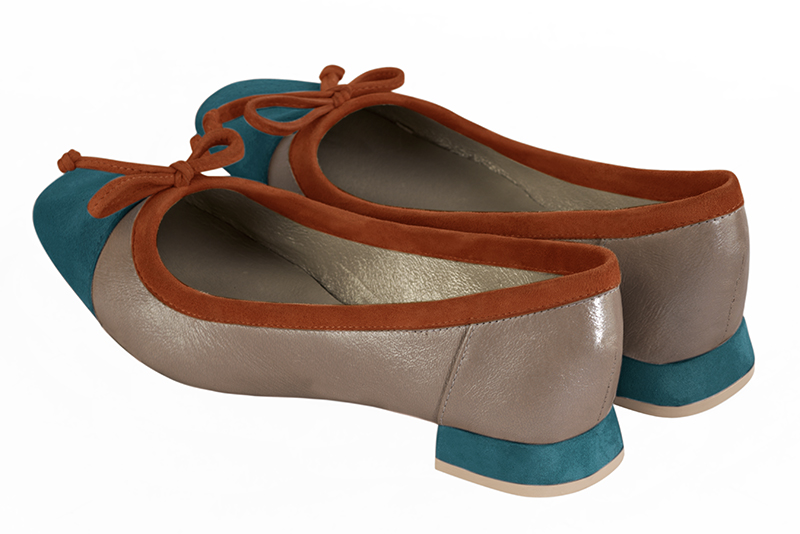 Peacock blue, tan beige and terracotta orange women's ballet pumps, with low heels. Square toe. Flat flare heels. Rear view - Florence KOOIJMAN